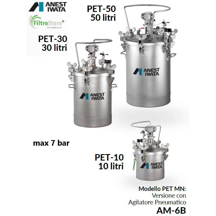 Serbatoi sotto pressione serie PET con e senza agitatore pneumatico Anest Iwata (max 7 bar)